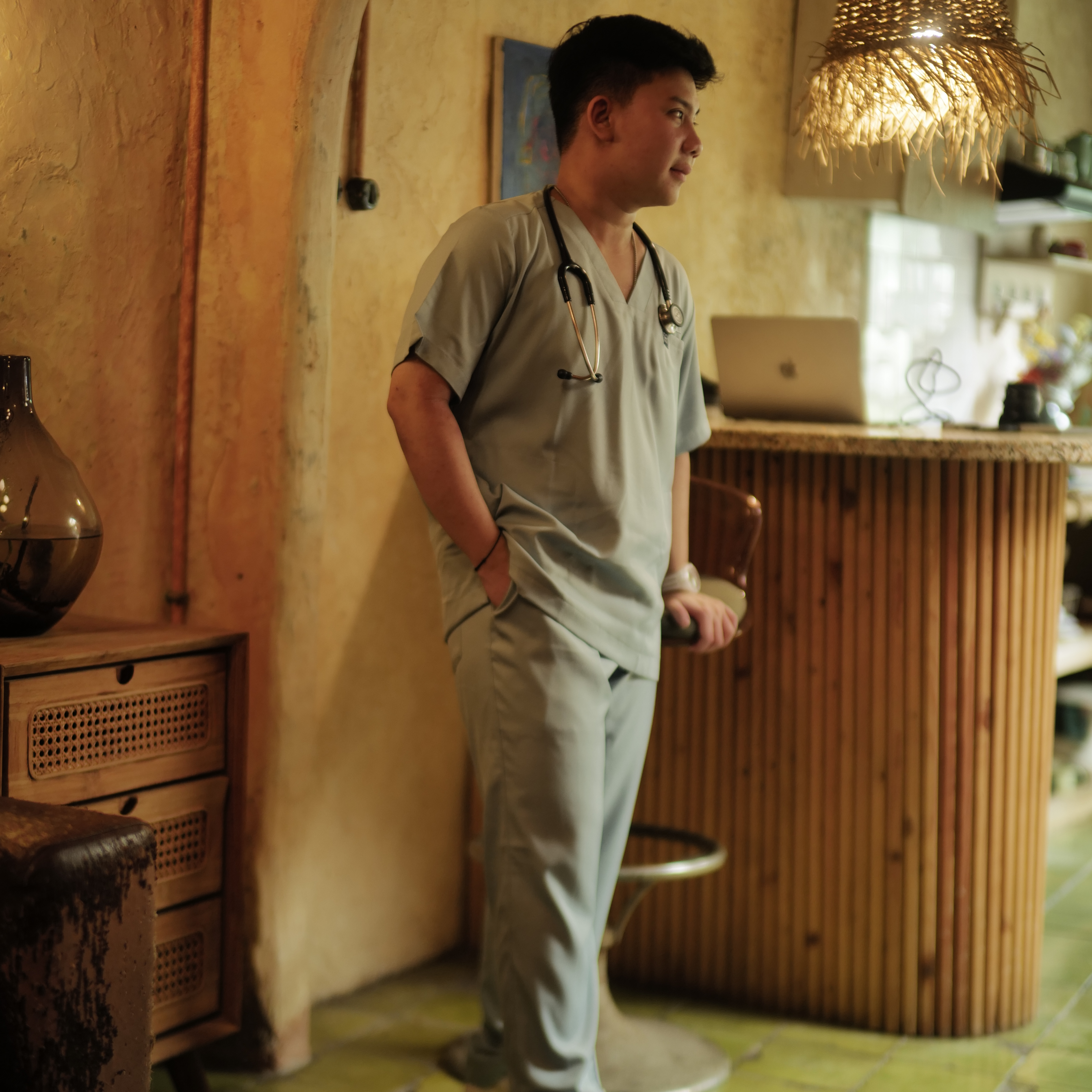 Empirical - V neck Short Sleeve Set (Slim Fit Pants) - Light Blue