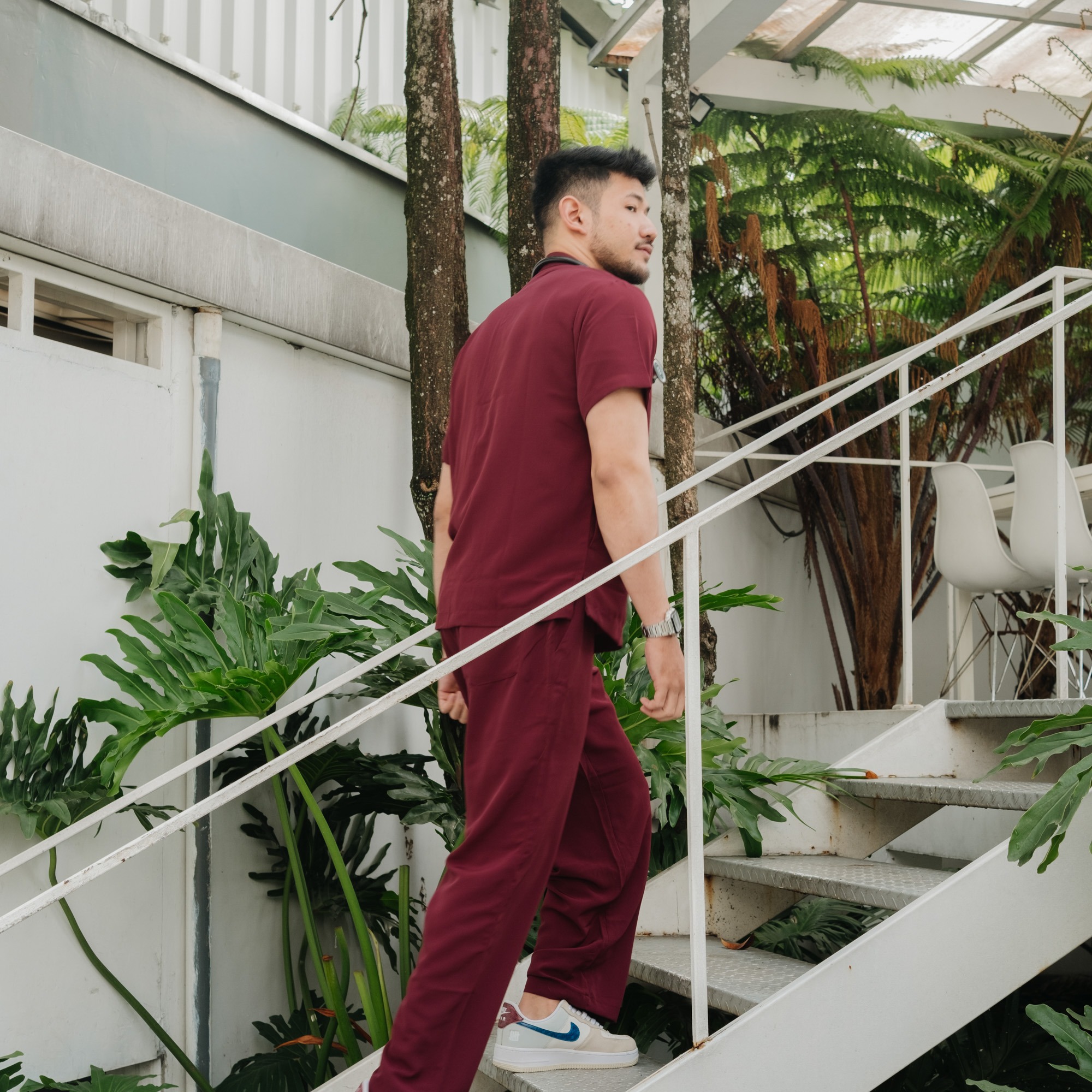 First Line - Mandarin Short Sleeve Set (Regular Pants) - Maroon