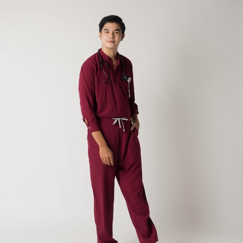 First Line - Mandarin Long Sleeve Set (Regular Pants) - Maroon