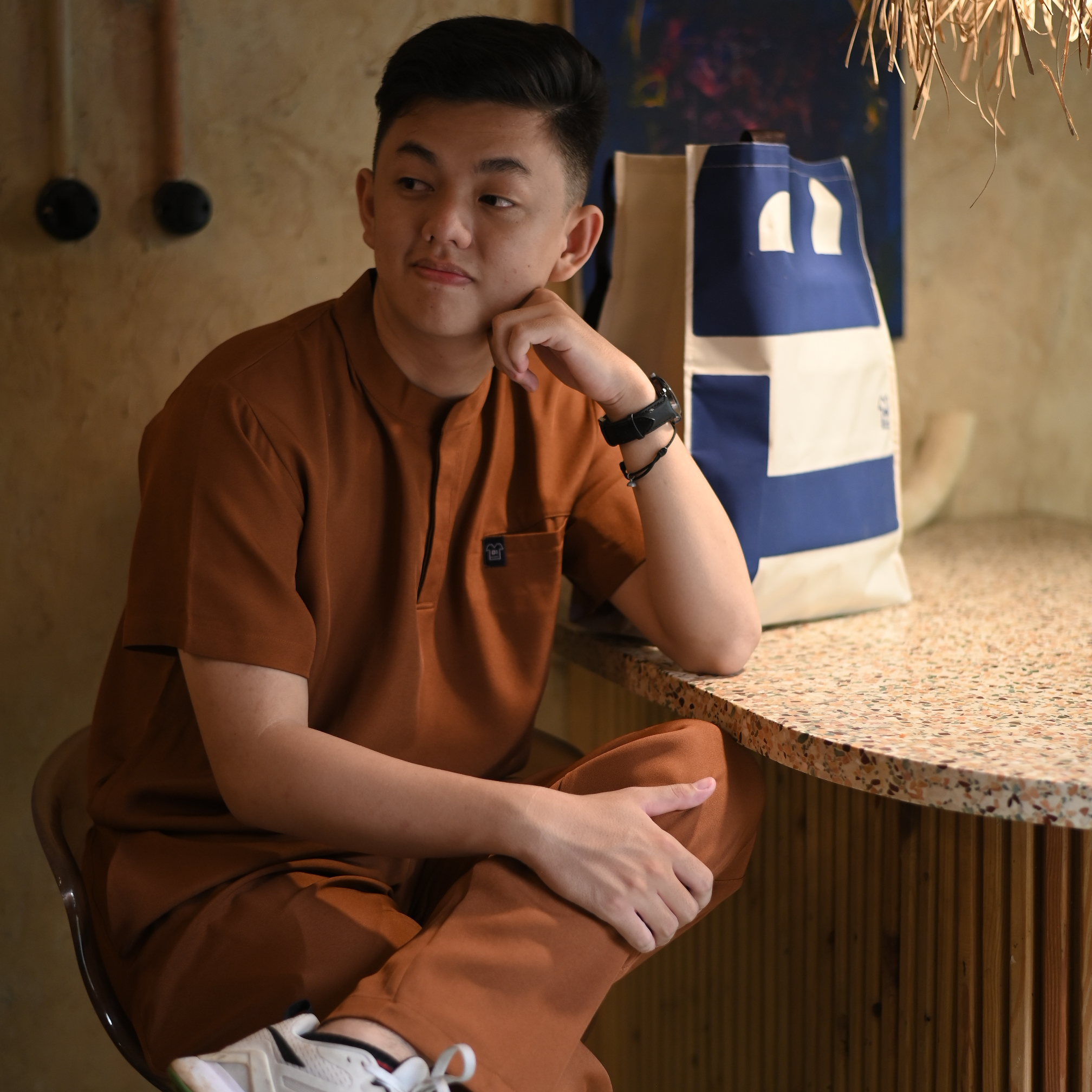 Empirical - Mandarin Short Sleeve Set (Regular Pants) - Caramel