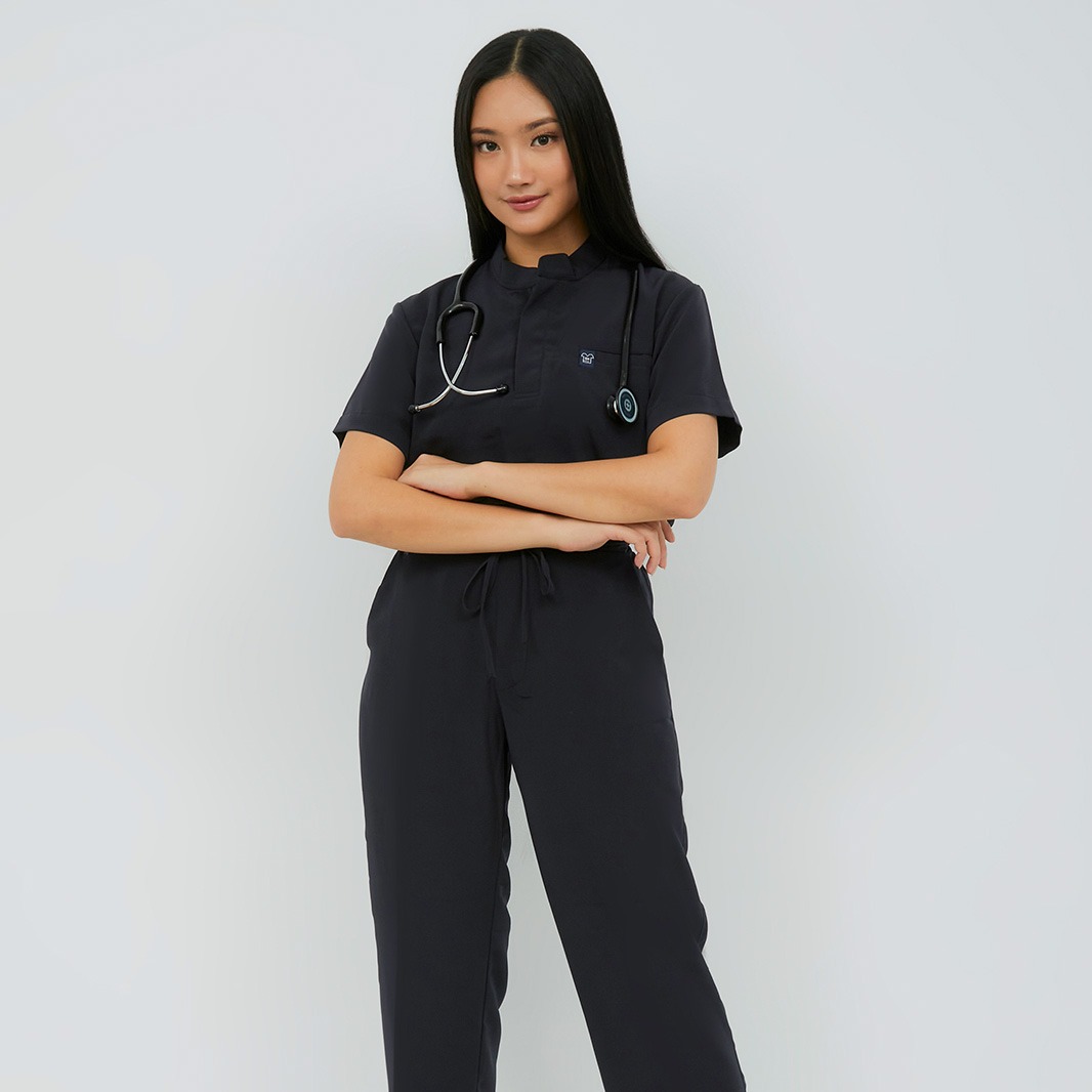 First Line - Mandarin Short Sleeve Set (Regular Pants) - Black