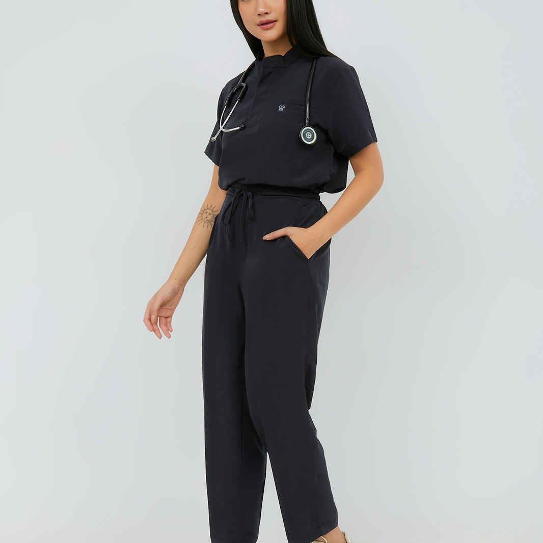 First Line - Mandarin Short Sleeve Set (Regular Pants) - Black