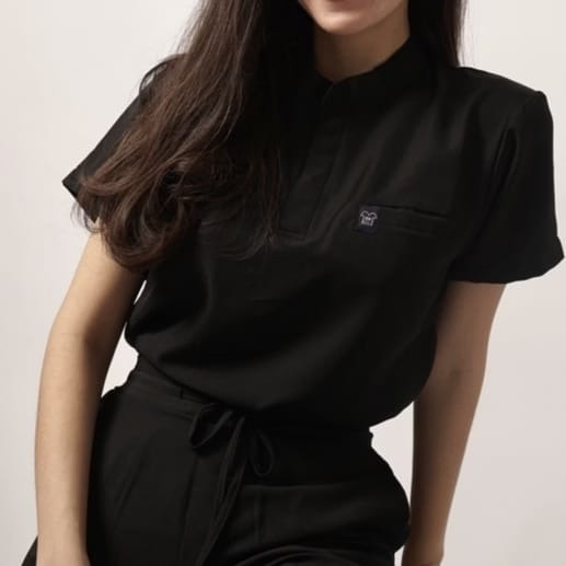 First Line - Mandarin Short Sleeve Set (Regular Pants) - Black