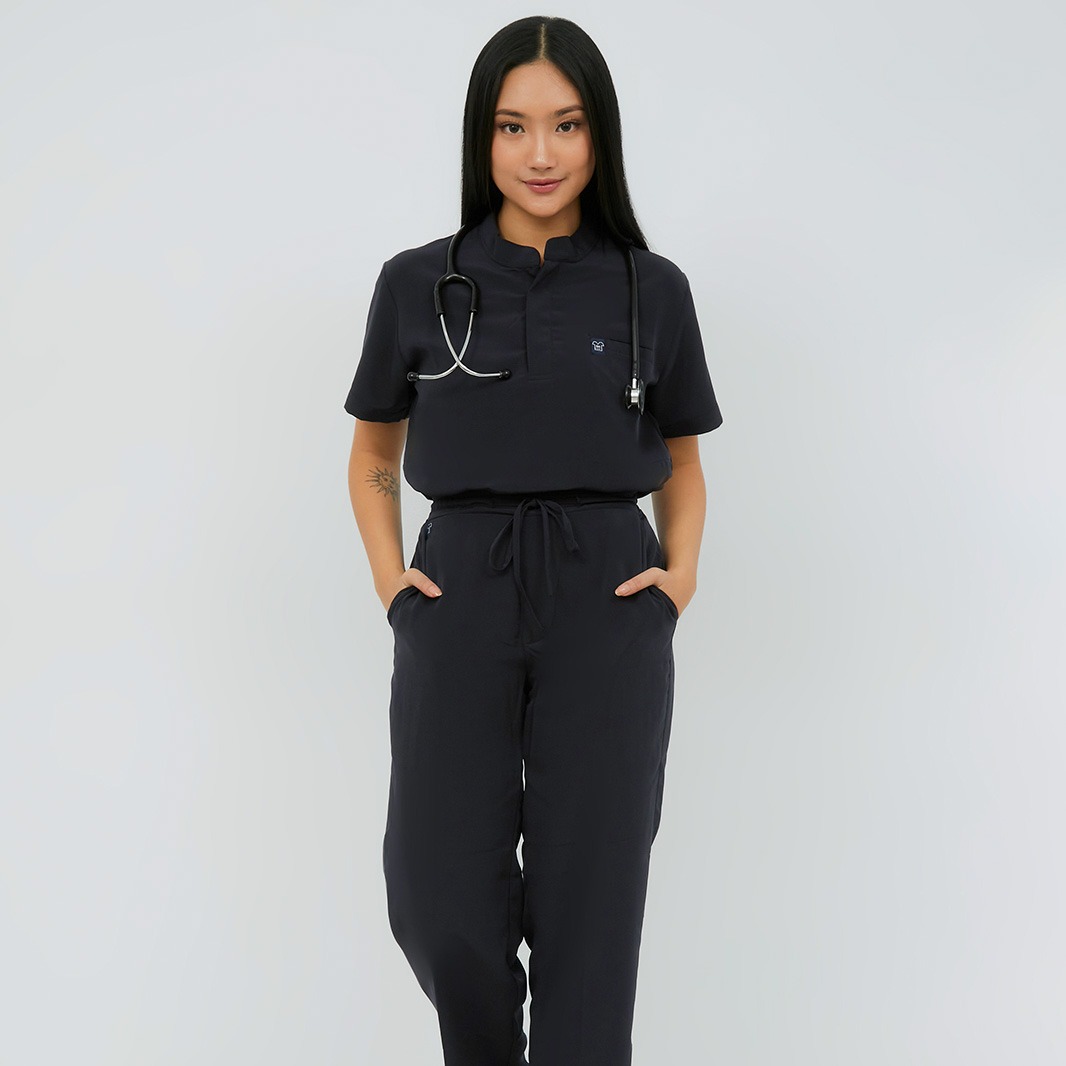 First Line - Mandarin Short Sleeve Set (Regular Pants) - Black