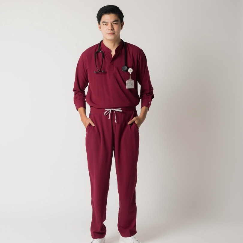 First Line - Mandarin Long Sleeve Set (Regular Pants) - Maroon