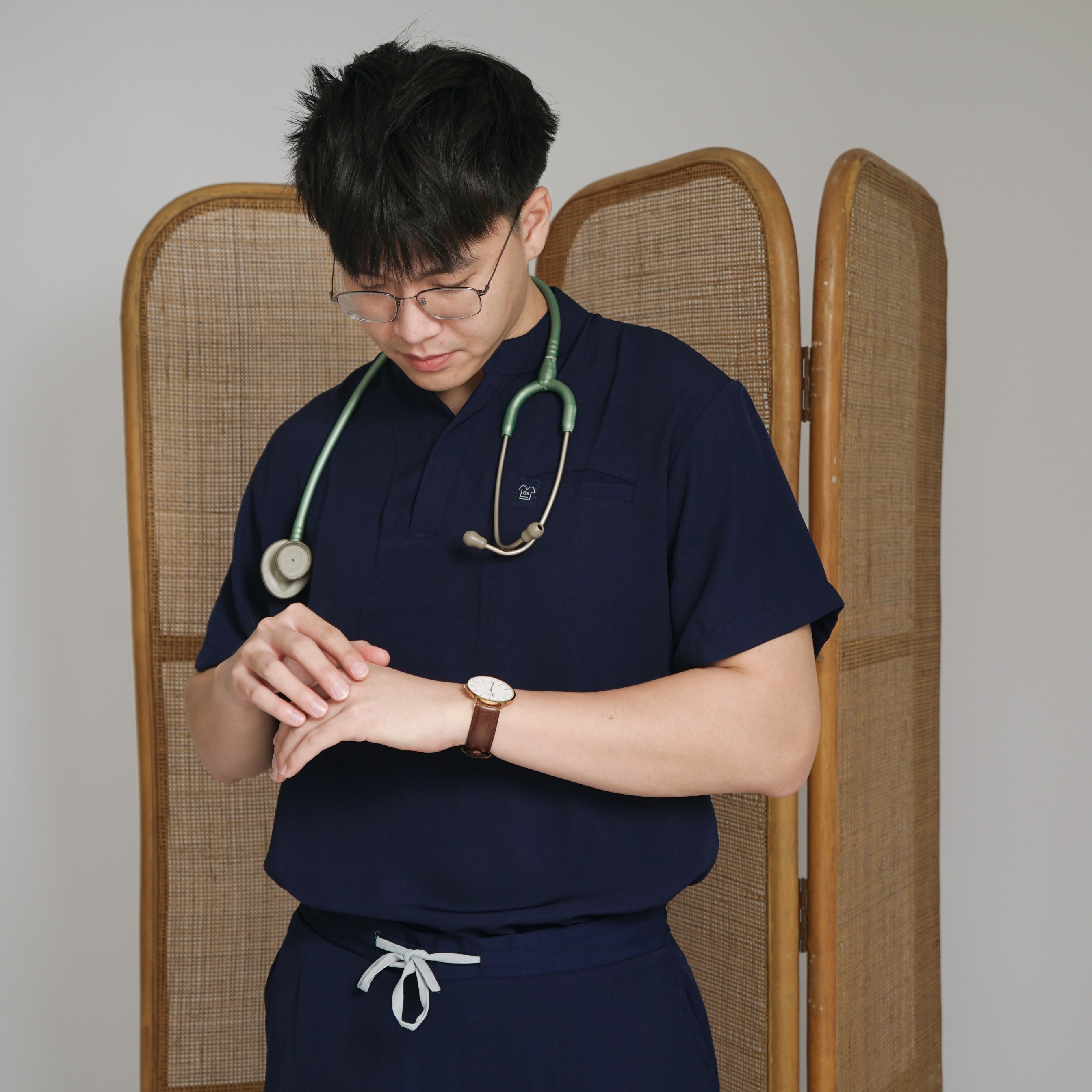 First Line  - Mandarin Short Sleeve Set (Regular Pants) - Dark Blue