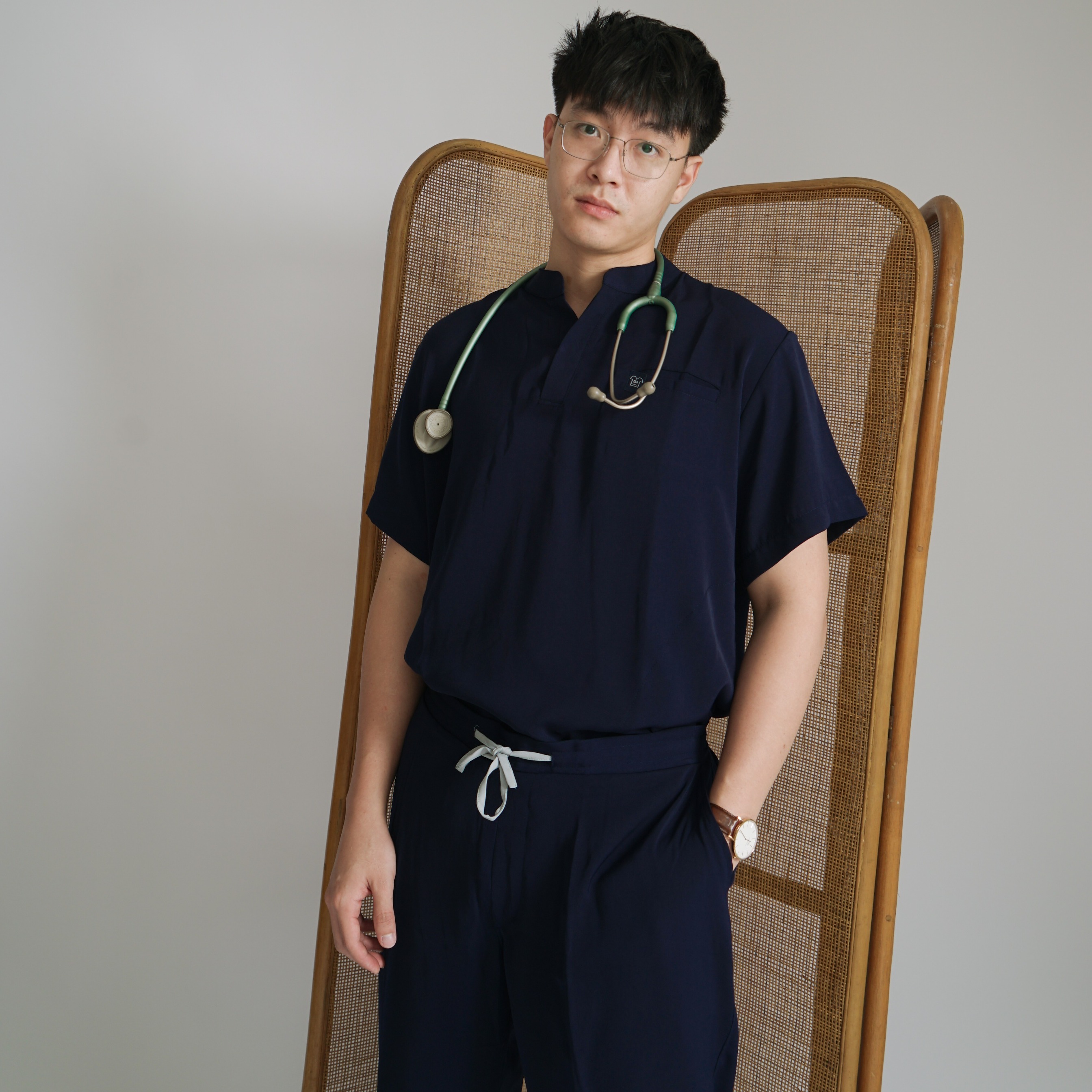 First Line  - Mandarin Short Sleeve Set (Regular Pants) - Dark Blue