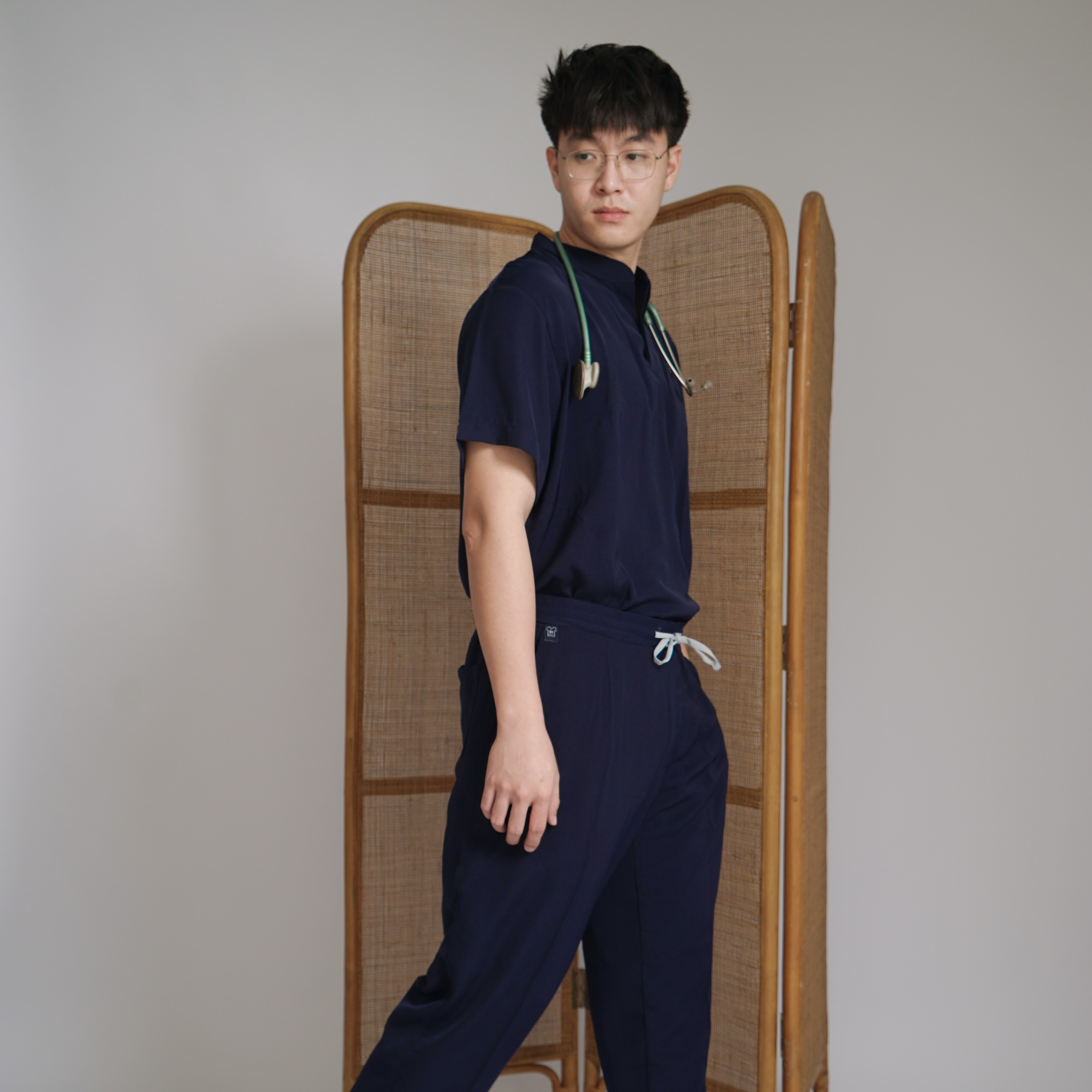 First Line  - Mandarin Short Sleeve Set (Regular Pants) - Dark Blue