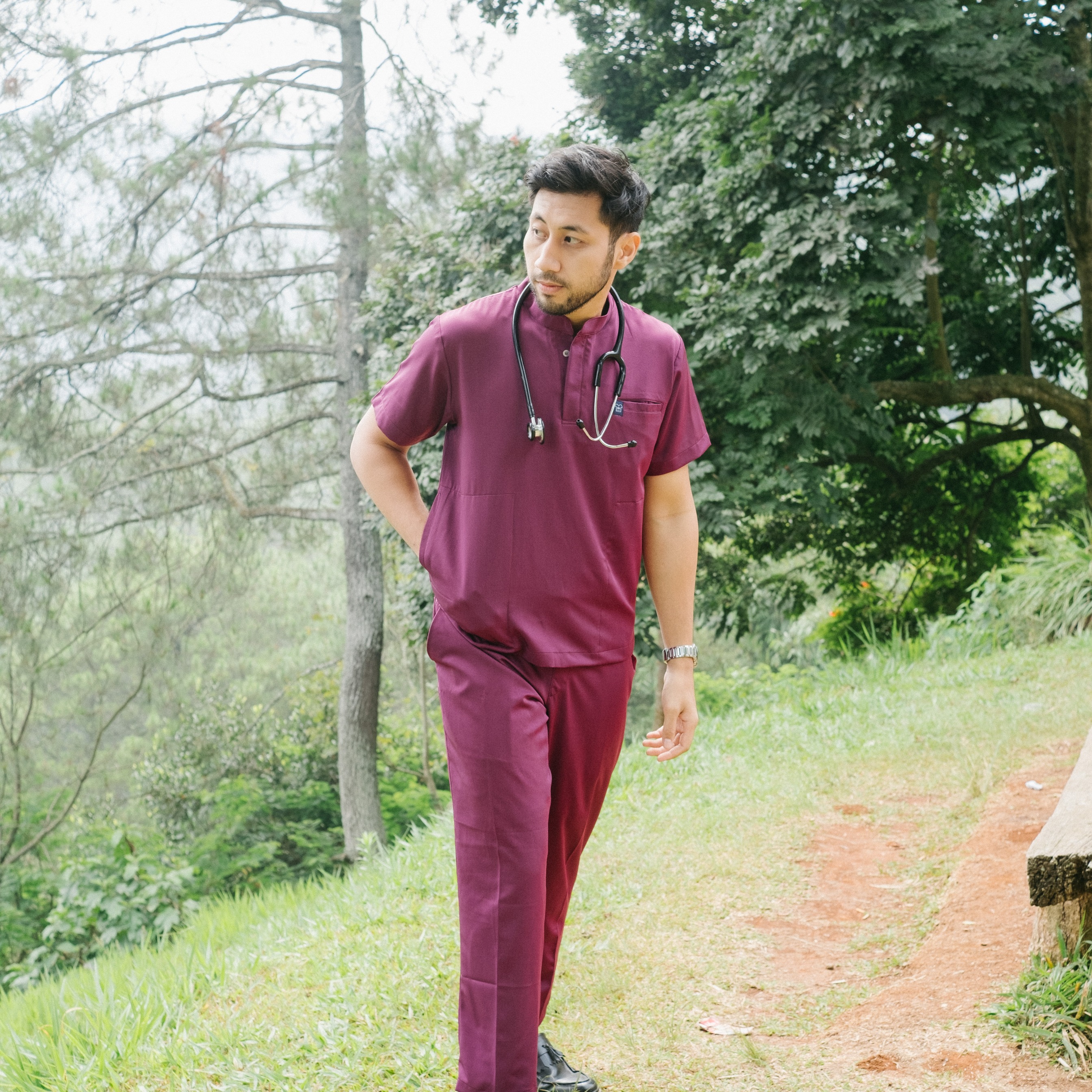 Cardinal - Mandarin Short Sleeve Set (Regular Pants) - Wine