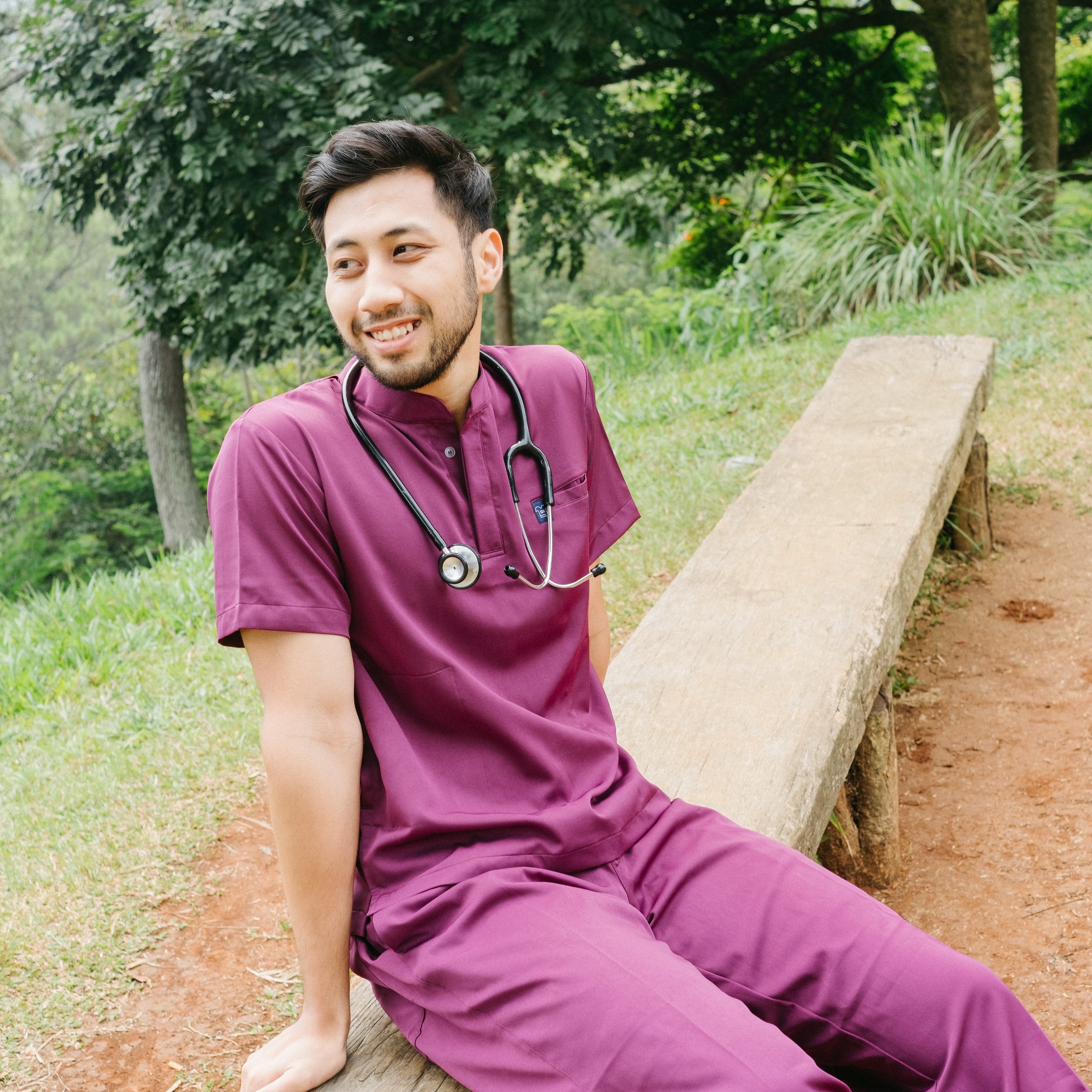 Cardinal - Mandarin Short Sleeve Set (Regular Pants) - Wine