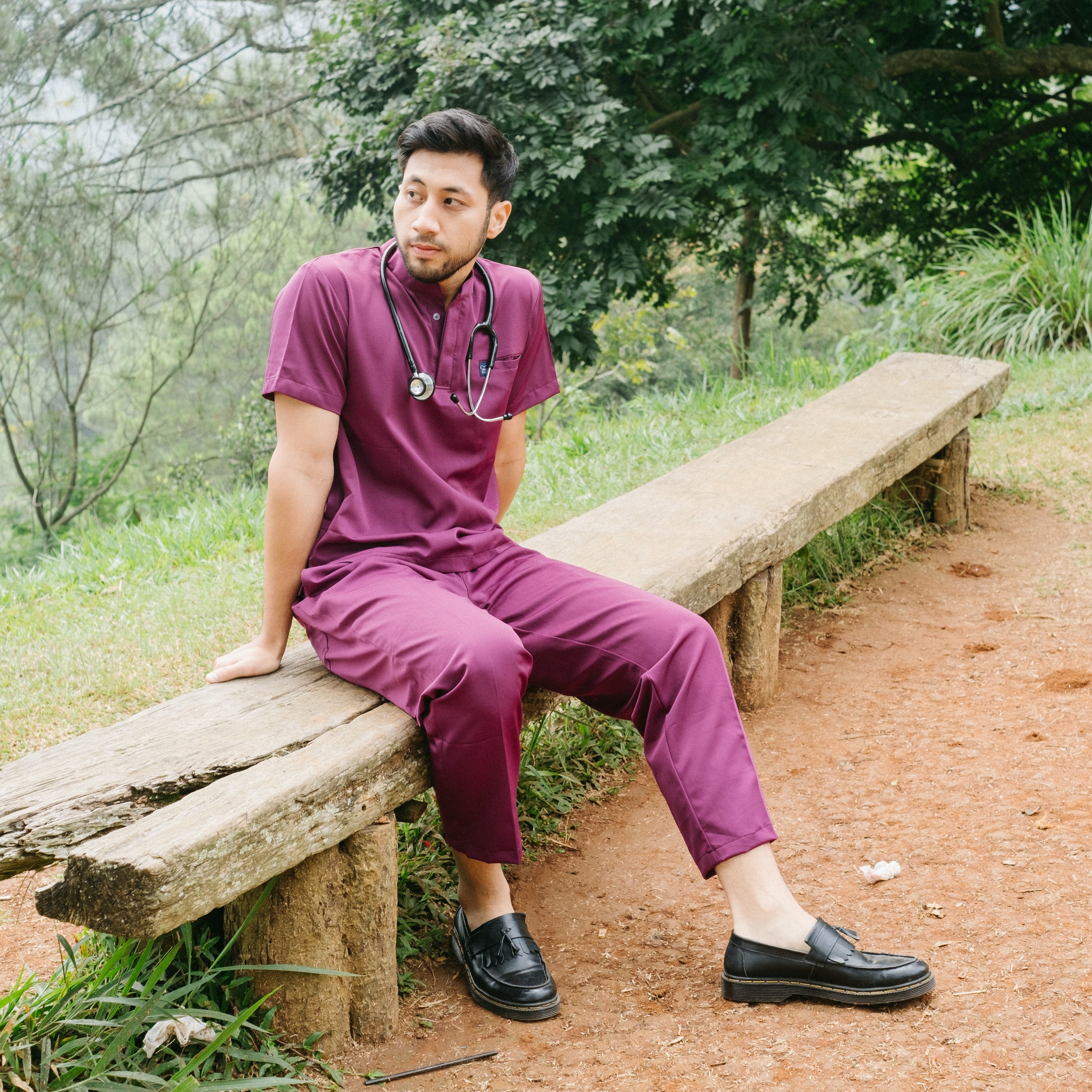 Cardinal - Mandarin Short Sleeve Set (Regular Pants) - Wine