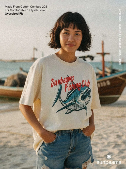 Image of Unisex Oversized T-shirt 20S, Broken White, Fishing Club