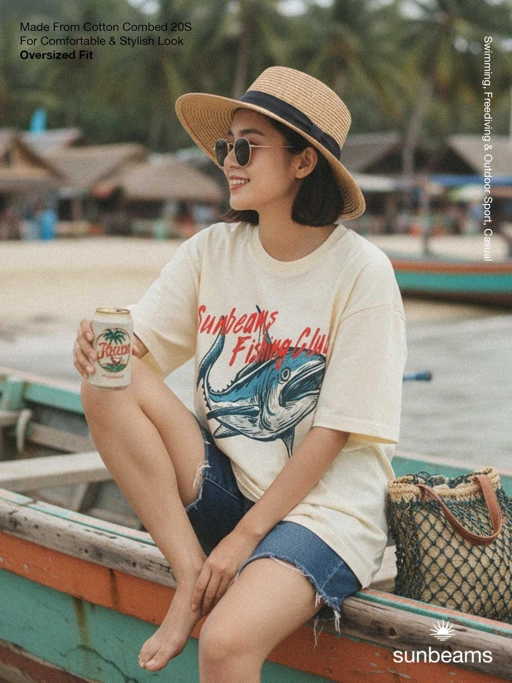 Image of Unisex Oversized T-shirt 20S, Broken White, Fishing Club