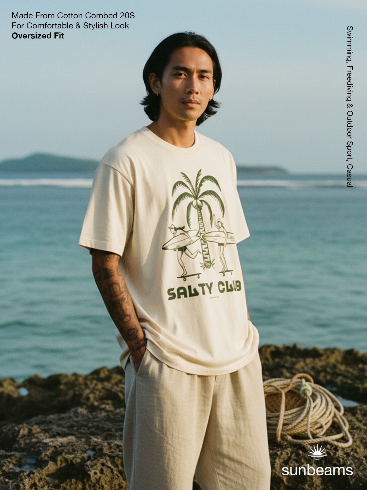 T-Shirt Oversized Unisex 20S, Broken White, Salty Club Palm