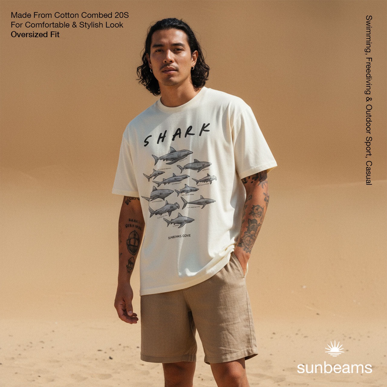 T-Shirt Oversized Unisex 20S, Broken White, Sharks