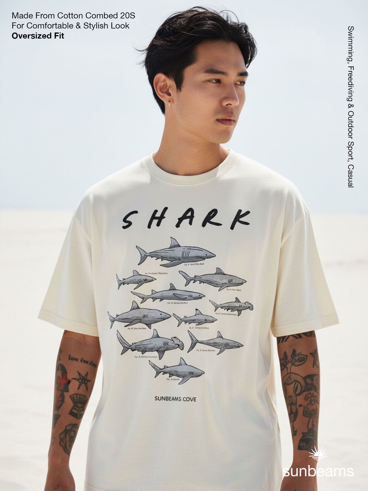 T-Shirt Oversized Unisex 20S, Broken White, Sharks