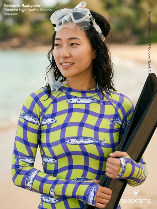 Image of Rashguard Eagle Ray Motif Gingham Warna Mint