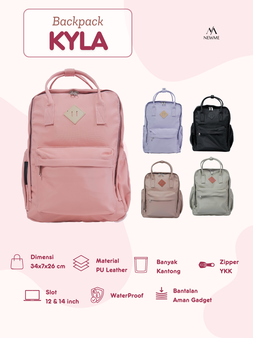 Kyla - Tas Kerja Wanita Muat Laptop 12/14 Inch, Anti Air, Ringan, Banyak Kantong, Resleting YKK