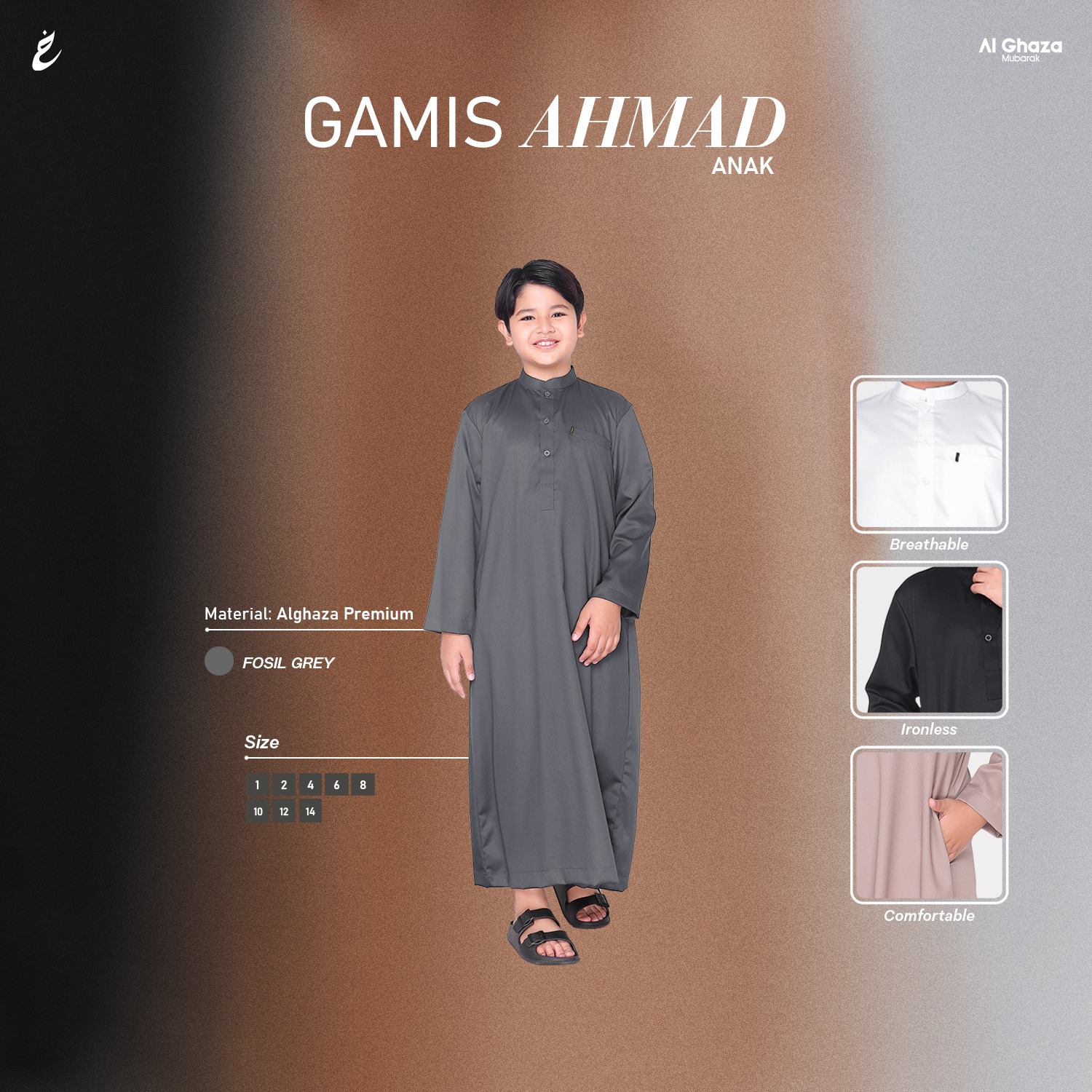 Alghaza Mubarak | Jubah Anak Cowok | Gamis Ahmad Anak Warna Fossil Grey