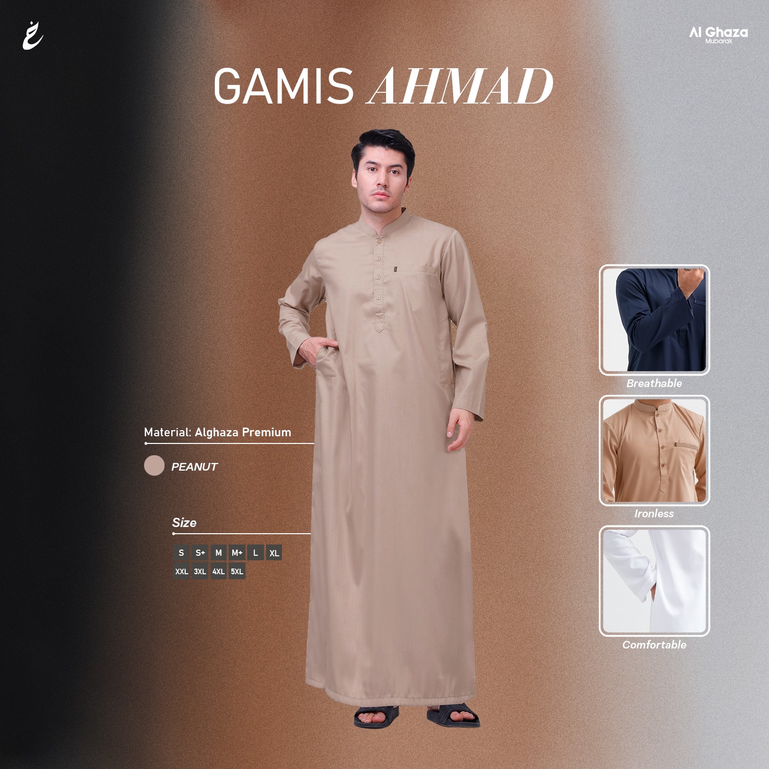 Alghaza Mubarak | Jubah Slim fit Dewasa Cowok Lengan Panjang | Gamis Ahmad Warna Peanut