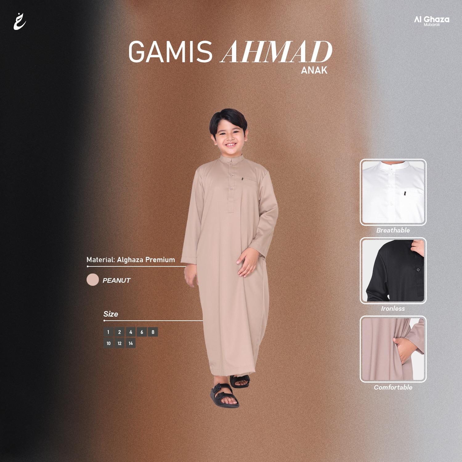 Alghaza Mubarak | Jubah Anak Cowok | Gamis Ahmad Anak Warna Peanut