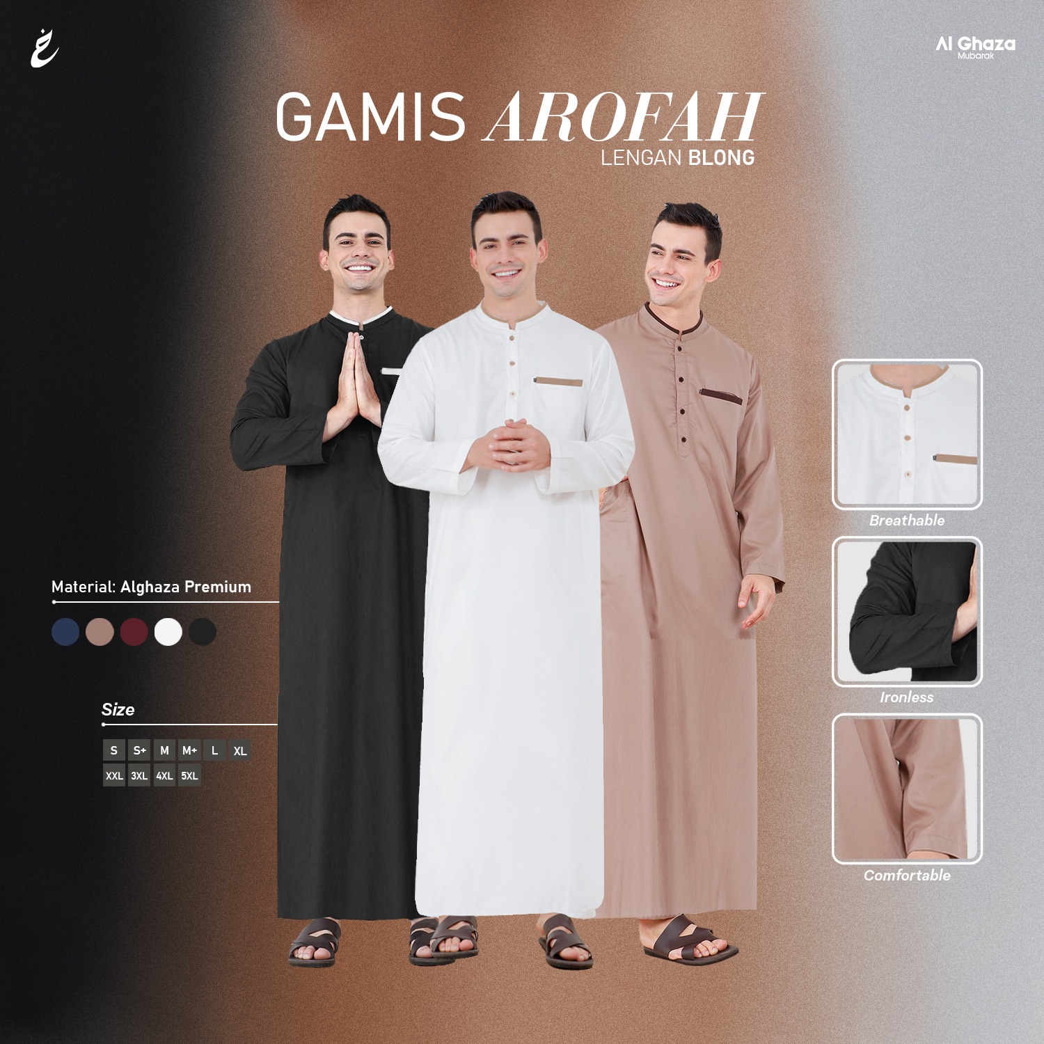 Alghaza Mubarak | Jubah Slim Fit Dewasa Cowok Lengan Panjang | Gamis Arofah Lengan Blong | Reguler Fit