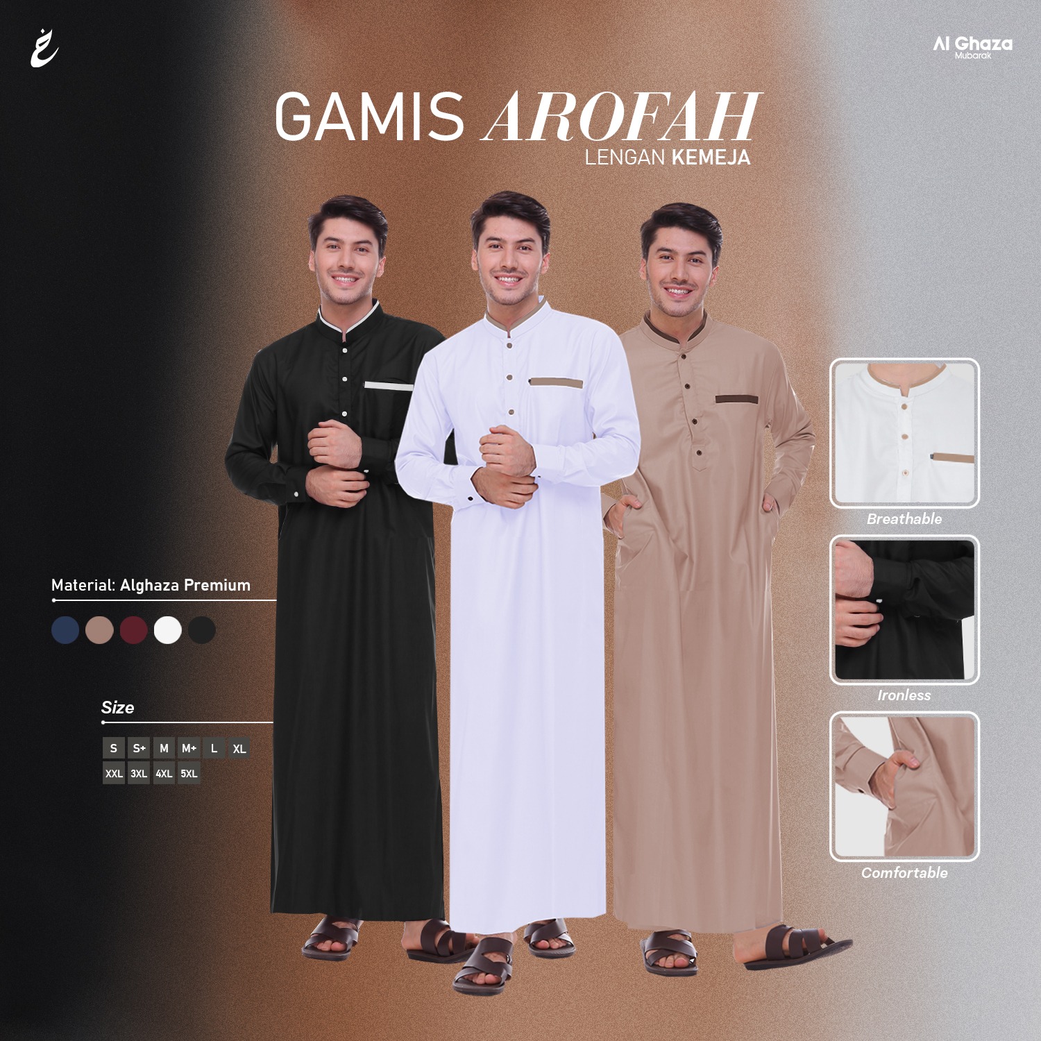 Alghaza Mubarak | Jubah Slim Fit Dewasa Cowok Lengan Panjang | Gamis Arofah Lengan Kemeja | Reguler Fit