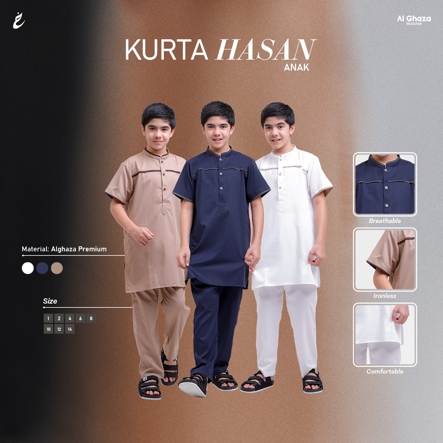 Alghaza Mubarak | Kurta Anak Pria Setelan | Kurta Hasan Anak Lengan Pendek