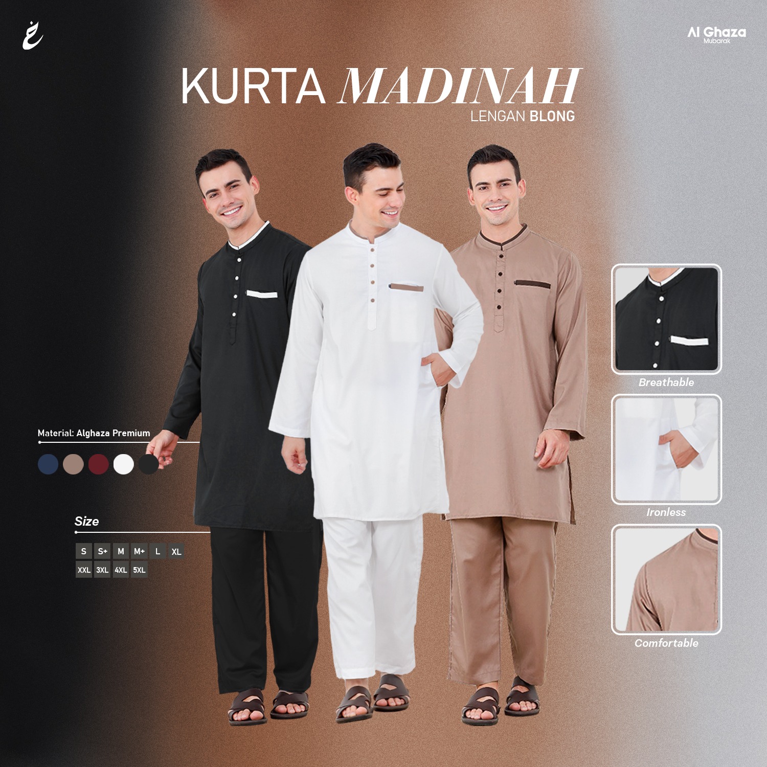 Alghaza Mubarak | Kurta Dewasa Setelan | Kurta Madinah Lengan Blong