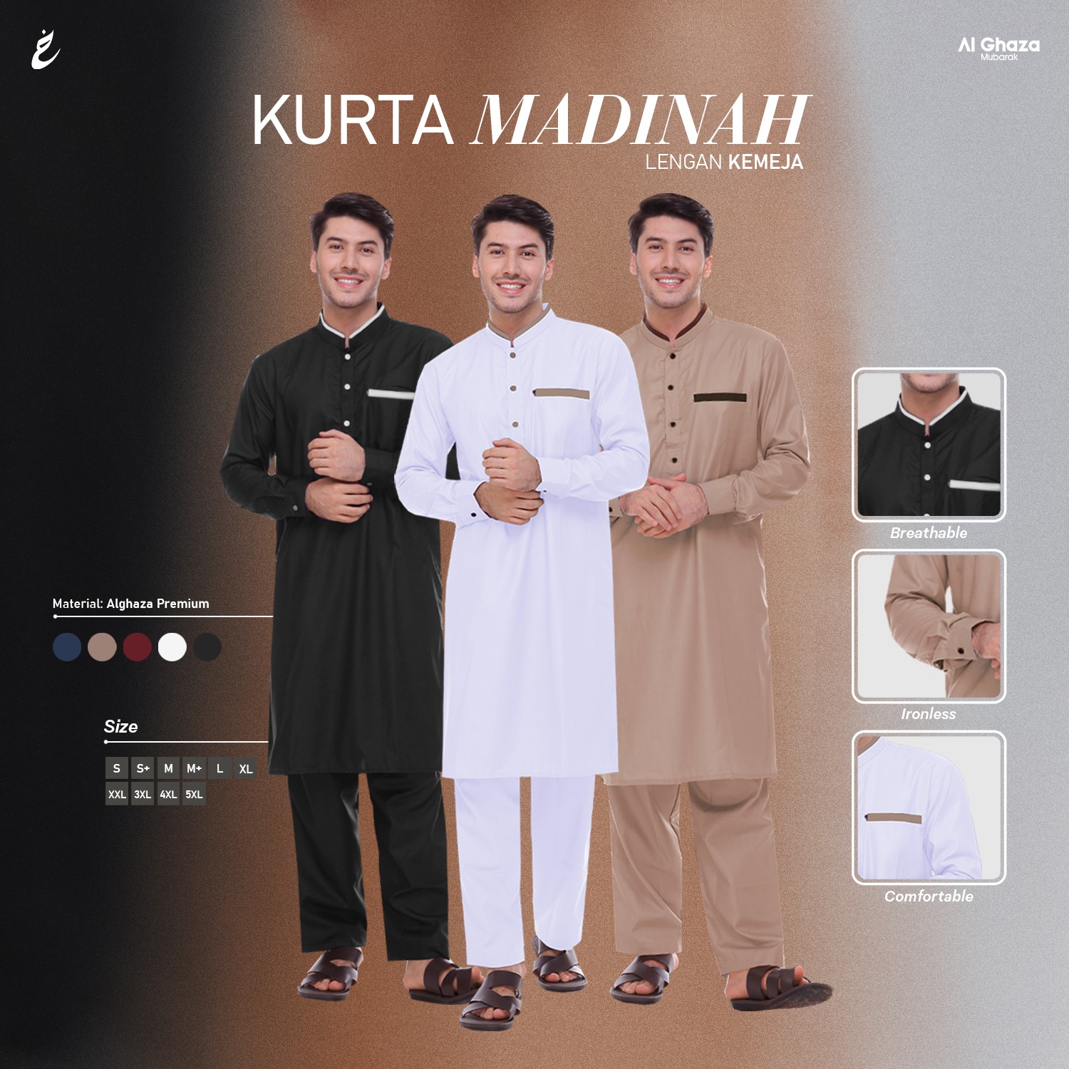 Alghaza Mubarak | Kurta Dewasa Pria Setelan | Kurta Madinah Lengan Kemeja