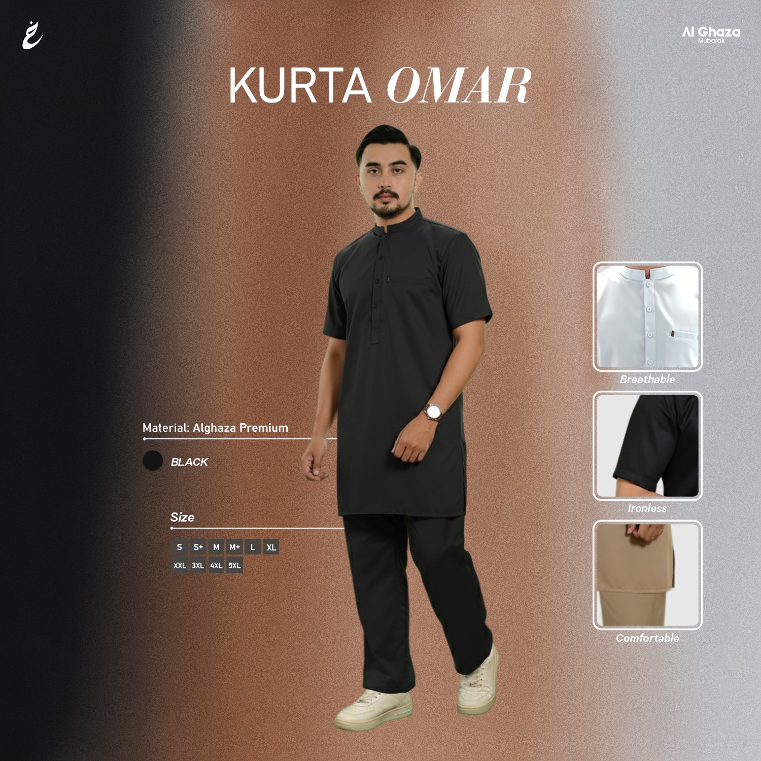 Alghaza Mubarak | Kurta Dewasa Lengan Pendek | Kurta Omar Dewasa