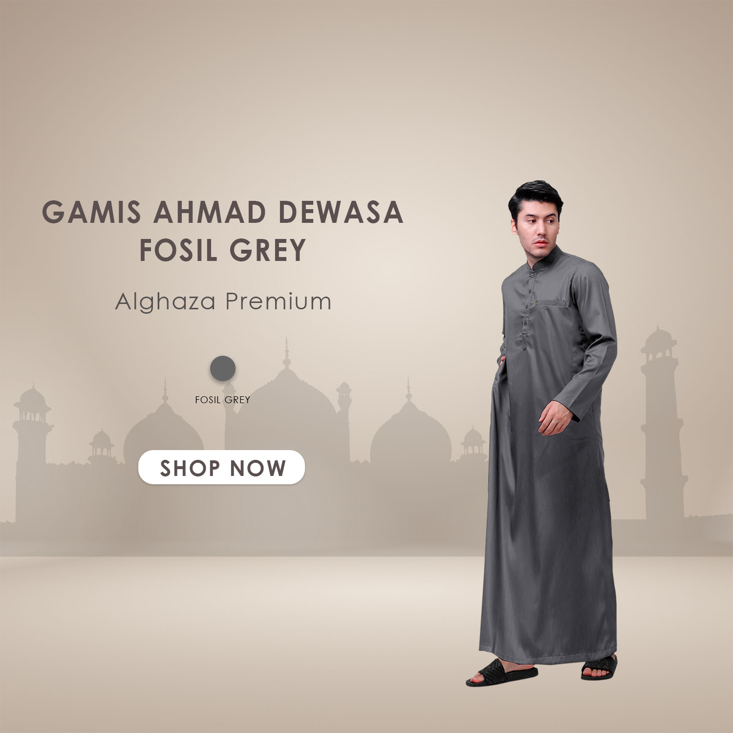 Alghaza Mubarak | Jubah Slim fit Dewasa Cowok Lengan Panjang | Gamis Ahmad Warna Fossil Grey
