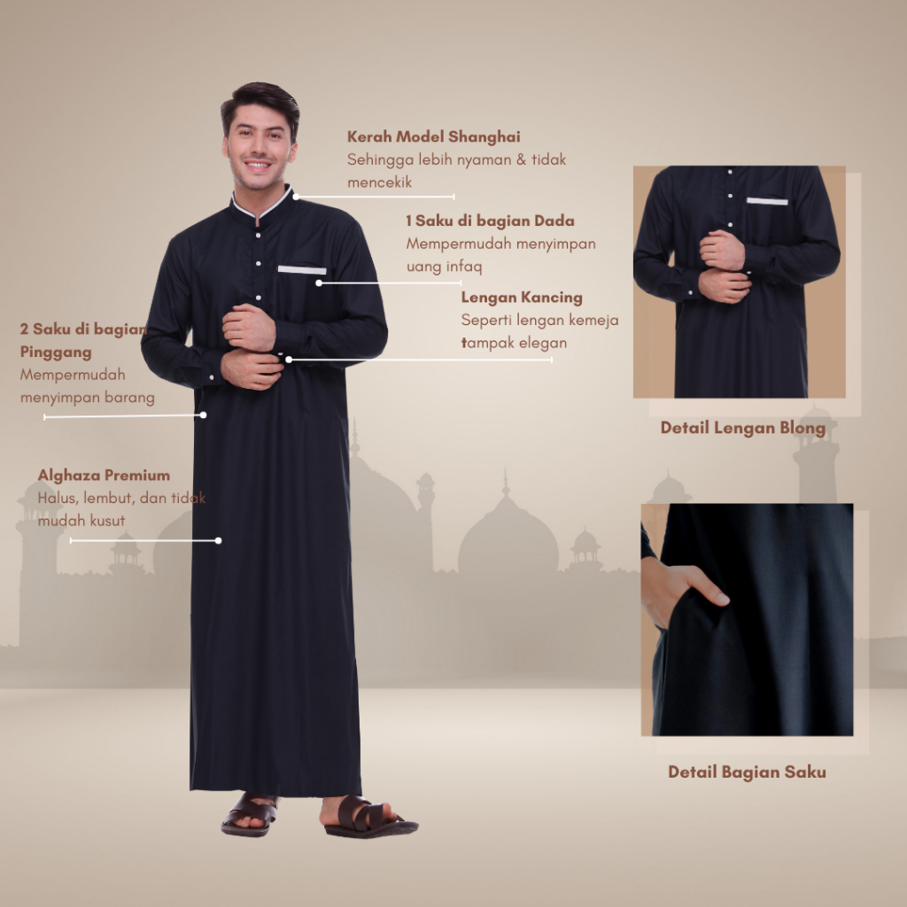 Alghaza Mubarak | Jubah Slim Fit Dewasa Cowok Lengan Panjang | Gamis Arofah Lengan Kemeja | Reguler Fit