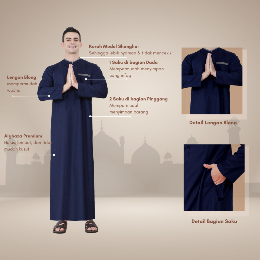Alghaza Mubarak | Jubah Slim Fit Dewasa Cowok Lengan Panjang | Gamis Arofah Lengan Blong | Reguler Fit