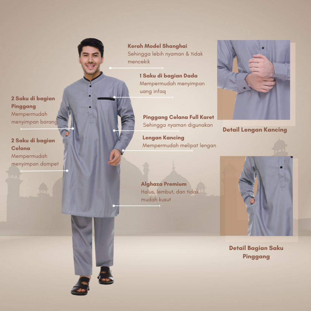 Alghaza Mubarak | Kurta Dewasa Pria Setelan | Kurta Madinah Lengan Kemeja