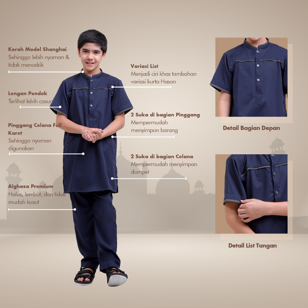 Alghaza Mubarak | Kurta Anak Pria Setelan | Kurta Hasan Anak Lengan Pendek