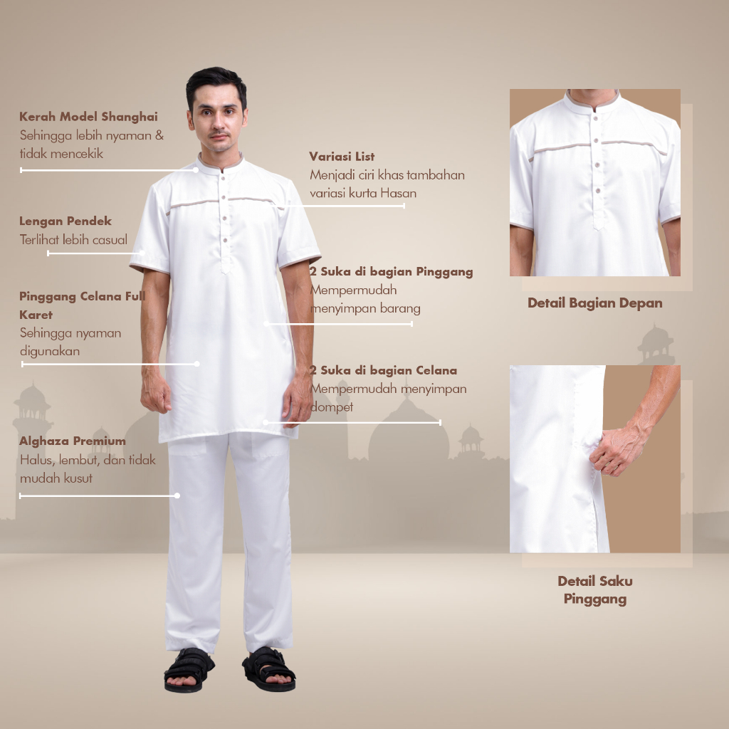 Alghaza Mubarak | Kurta Dewasa Setelan | Kurta Hasan Lengan Pendek