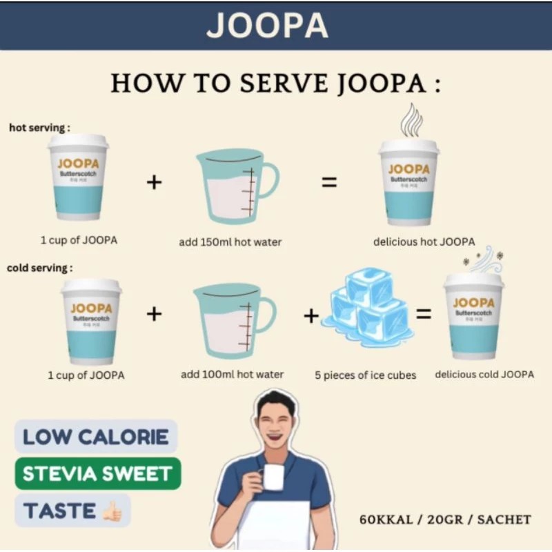 Joopa Low Calorie Butterscotch instant coffee latte sachet cup with stevia