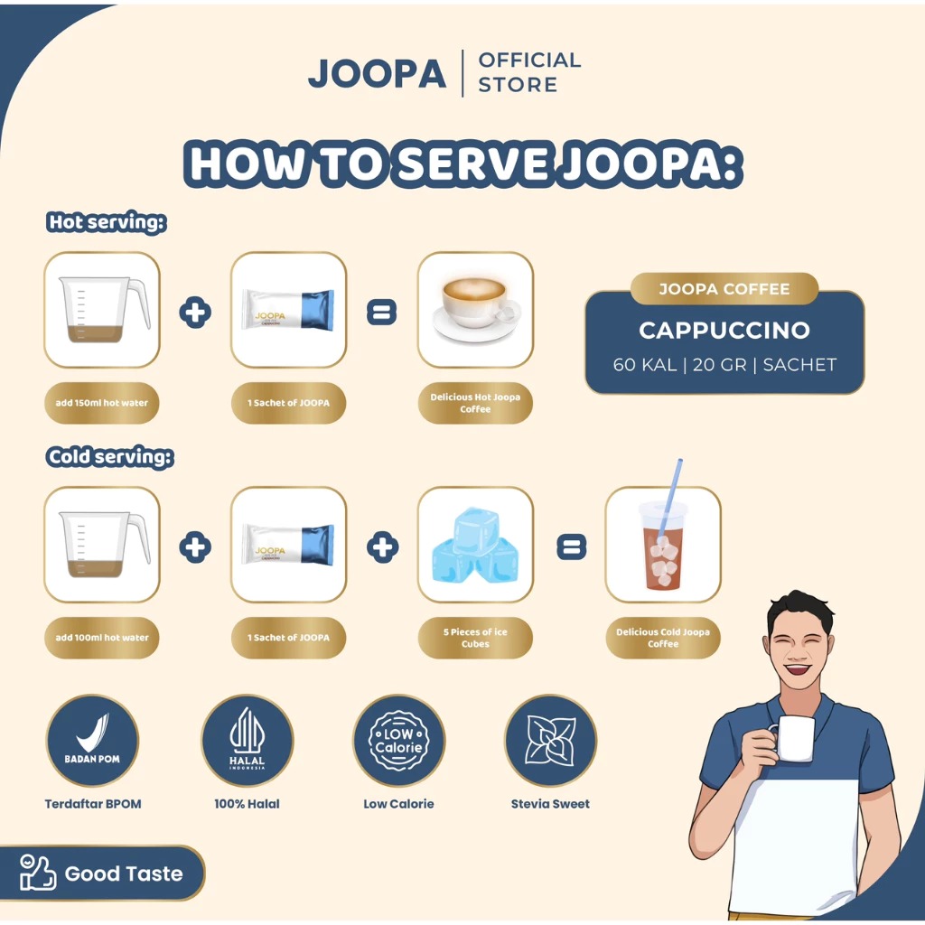 Joopa instant coffee cappuccino low calorie with stevia