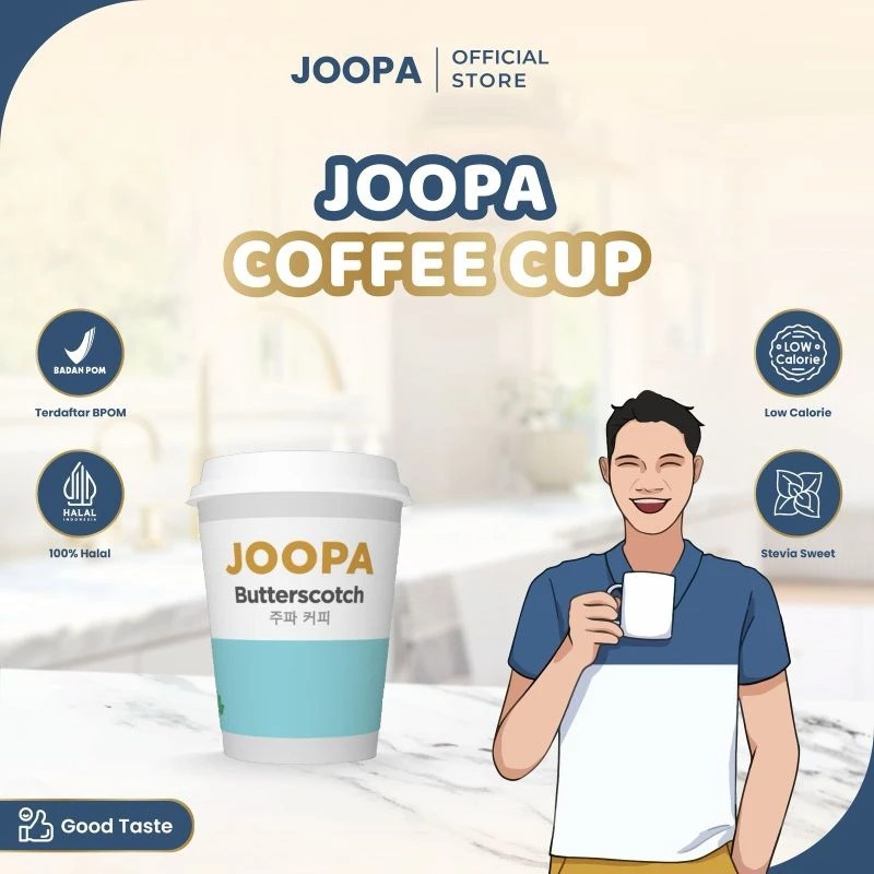 Joopa Low Calorie Butterscotch instant coffee latte sachet cup with stevia