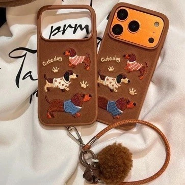 Image of case iphone 17 16 15 14 promax pro leather suede emboidery puppy soft full cover strap tali handle