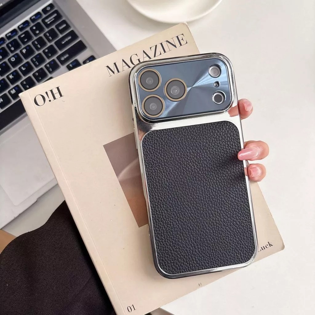 Lychee-textured side panel with large viewing window phone case suitable for iPhone 17 Pro Max 16 15 14 promax pro