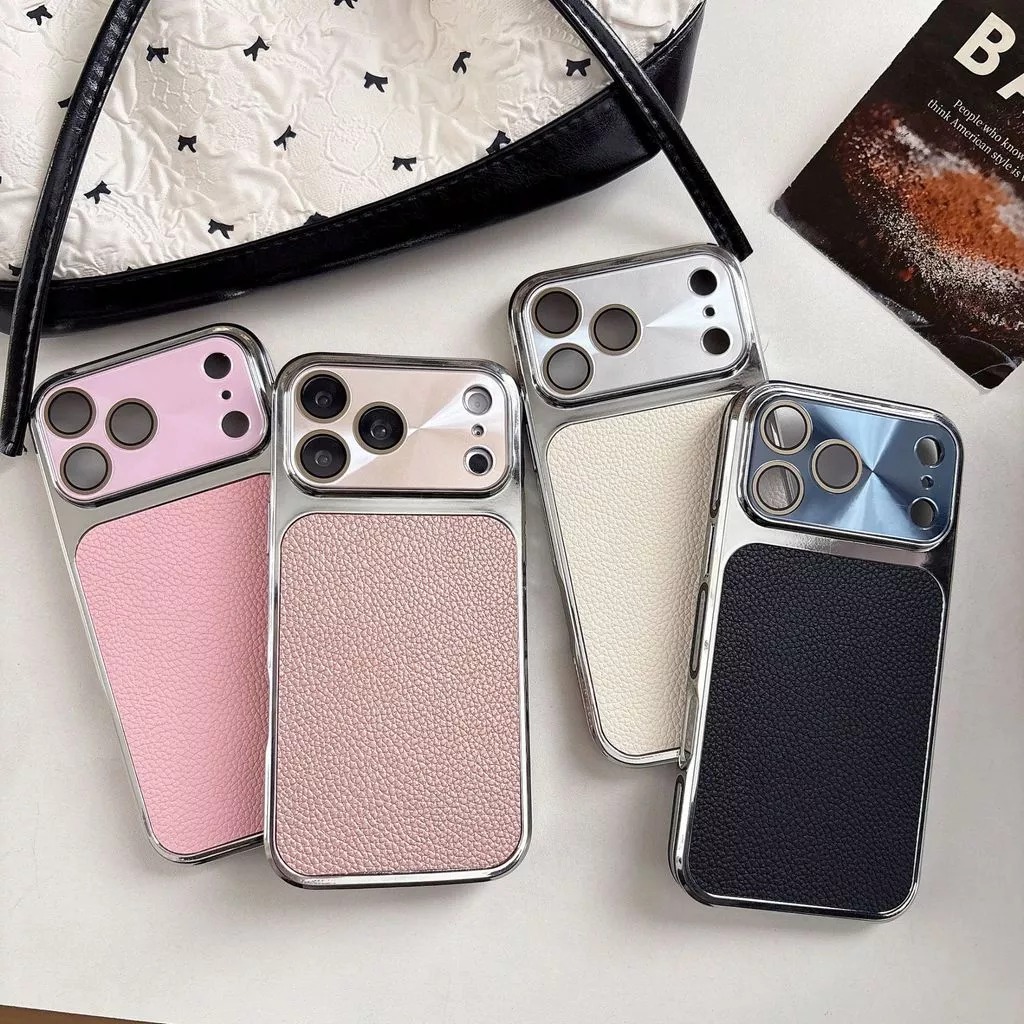 Lychee-textured side panel with large viewing window phone case suitable for iPhone 17 Pro Max 16 15 14 promax pro