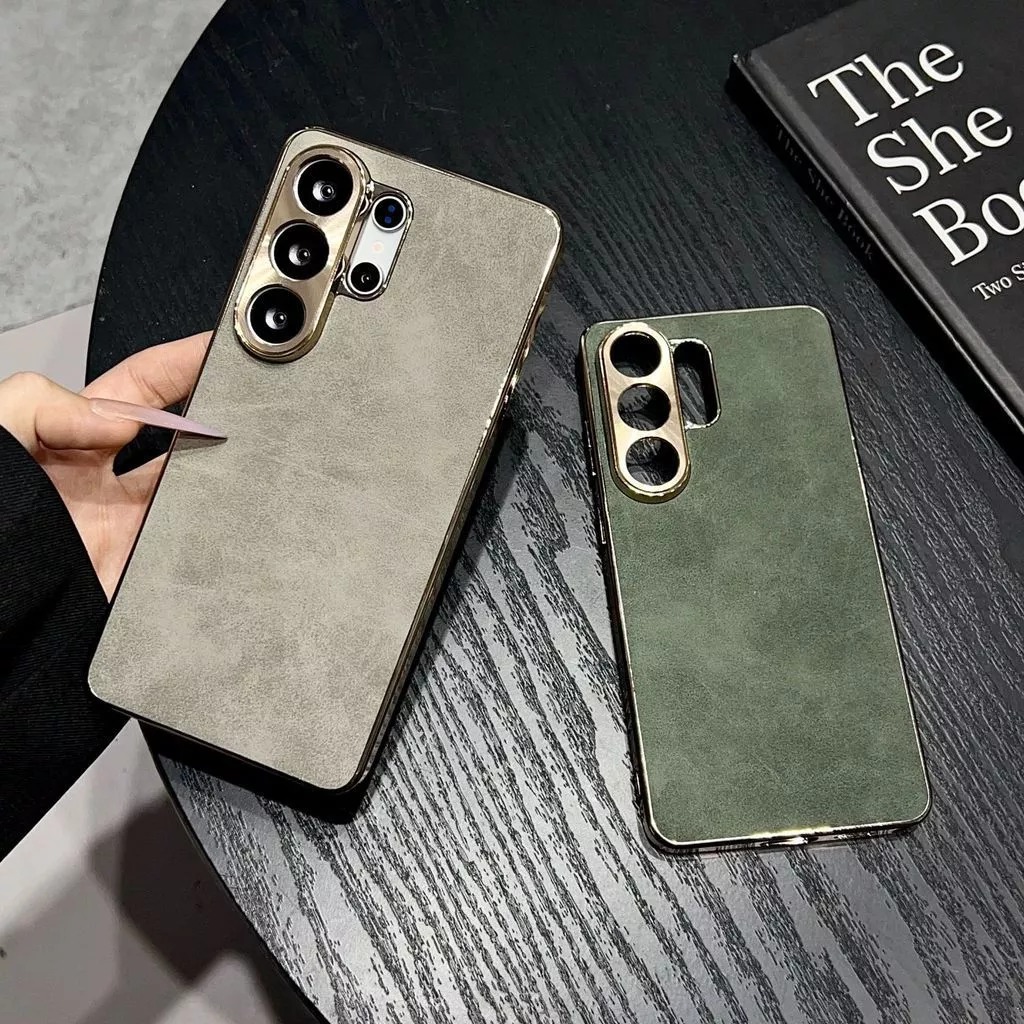 Electroplated suede leather Samsung S26 Ultra phone case metal lens S25 full coverage gold camera frame s24 plus casing