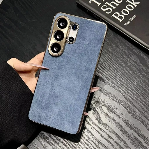Image of Electroplated suede leather Samsung S26 Ultra phone case metal lens S25 full coverage gold camera frame s24 plus casing