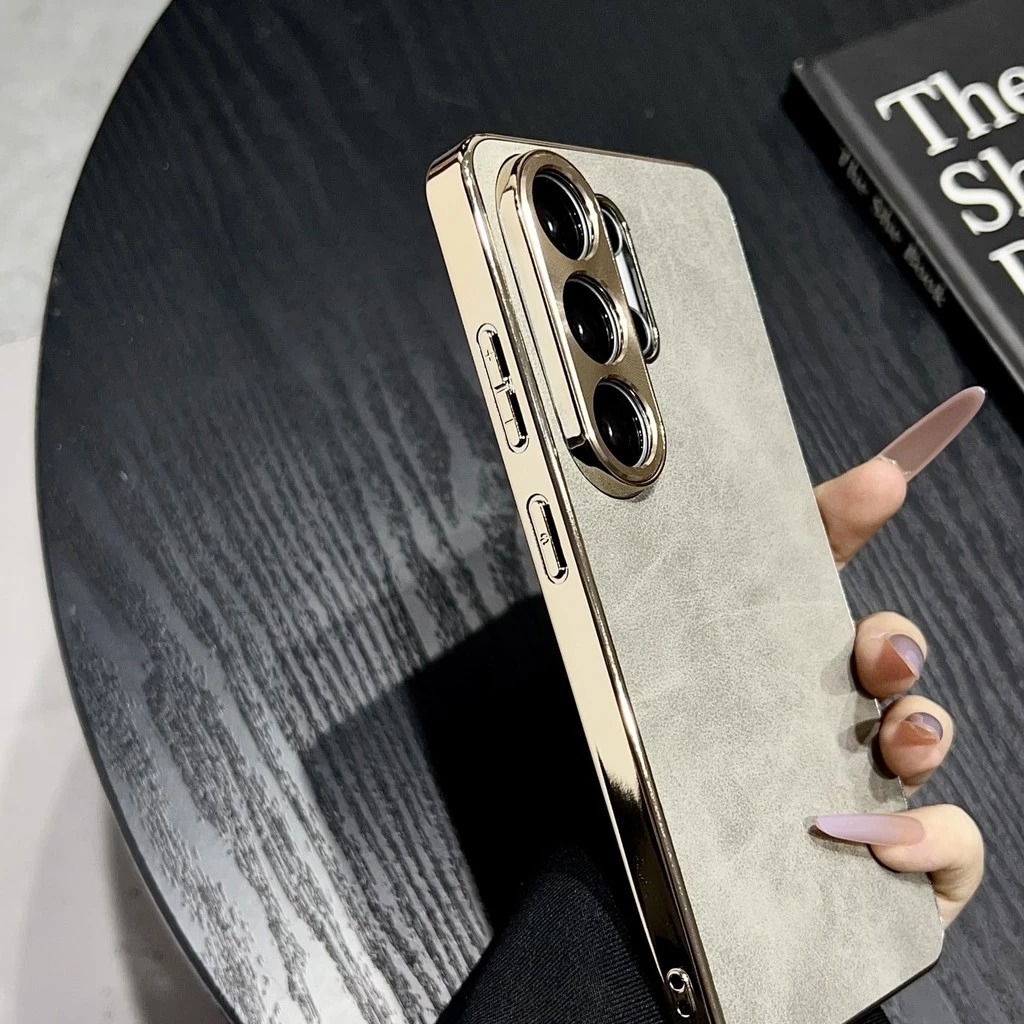 Electroplated suede leather Samsung S26 Ultra phone case metal lens S25 full coverage gold camera frame s24 plus casing