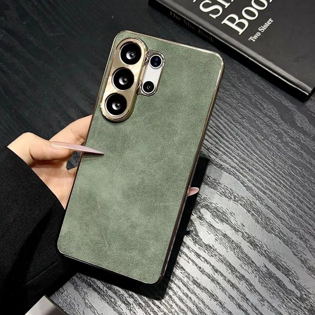 Electroplated suede leather Samsung S26 Ultra phone case metal lens S25 full coverage gold camera frame s24 plus casing