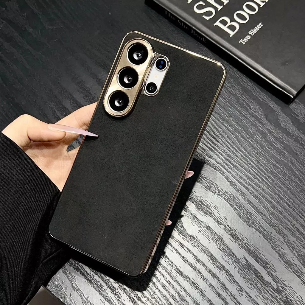 Electroplated suede leather Samsung S26 Ultra phone case metal lens S25 full coverage gold camera frame s24 plus casing