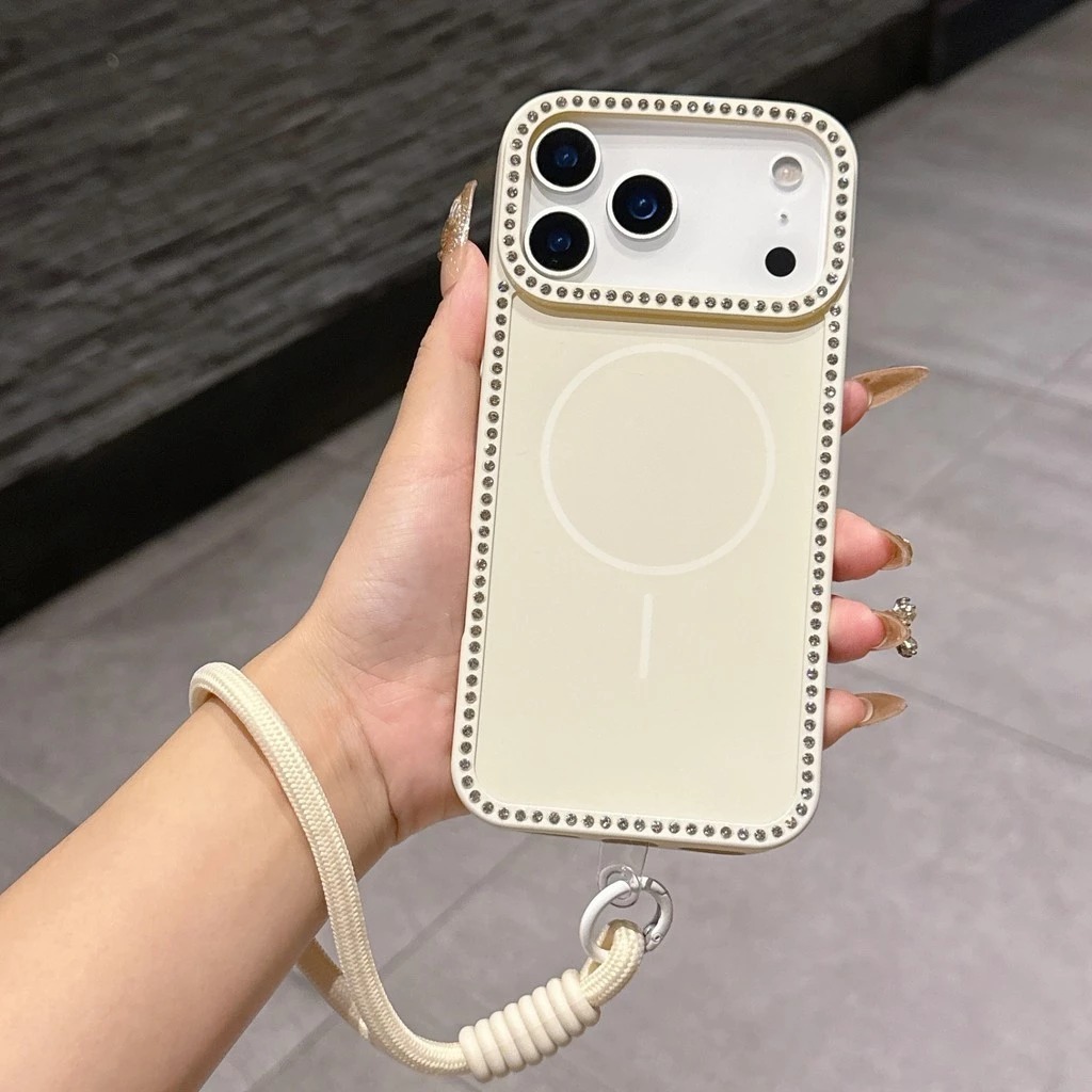 case iphone 17 16 15 14 13 promax pro soft magnetic diamond full cover strap tali handle