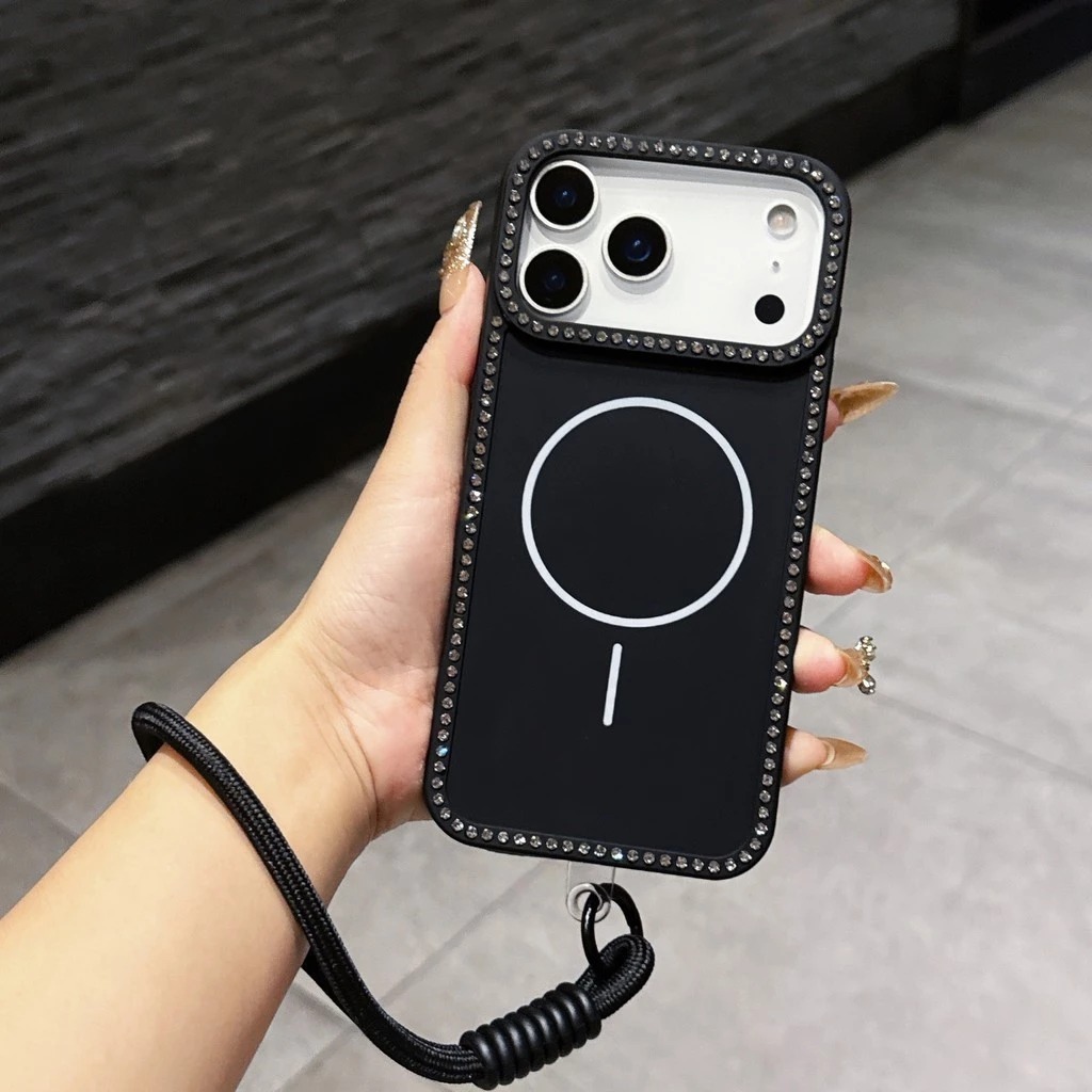 case iphone 17 16 15 14 13 promax pro soft magnetic diamond full cover strap tali handle